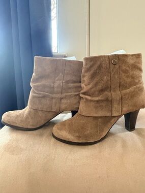 BCBG Taupe Suede Slouch Ankle Booties